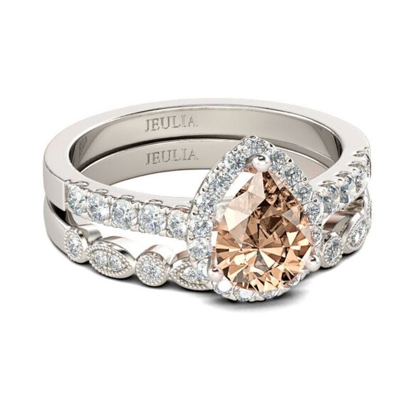 BNWB Jeulia Halo Milgrain Pear Cut Sterling Silver Ring Set - Champagne size 6 - Picture 1 of 11